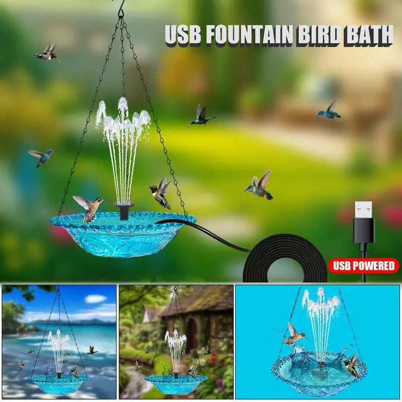 Bird Bath For Outside Hummingbird Hangable Food Feeder USB Charging Hangable Bird Feeder And Bath With Fountain Pump