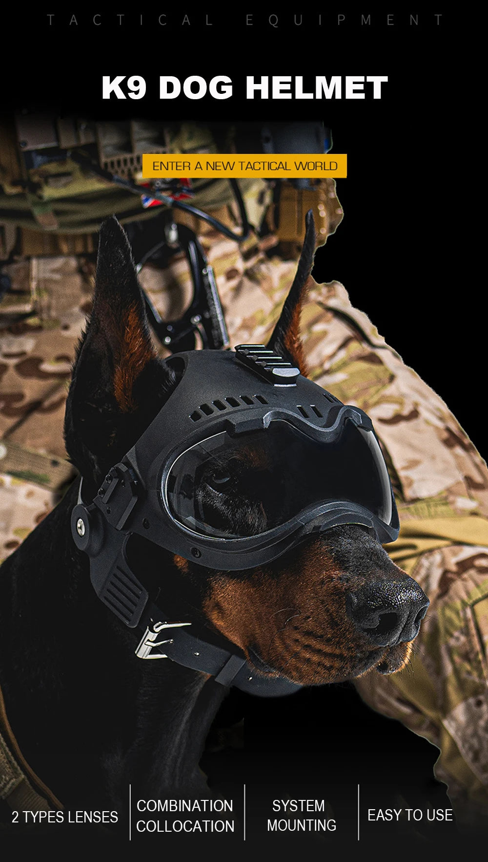 Tactical Dog Military Hunting Training K9 Helmet, Large Dog Patrol Dogs Sheepdog Pet Motorcycle Protective Helmet with Goggles