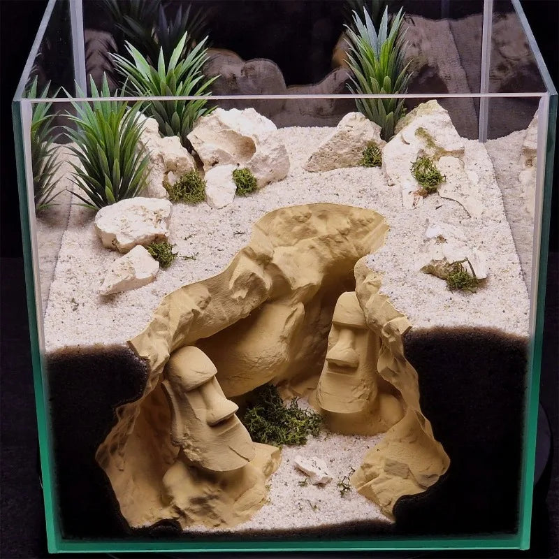 Simulated Rock Cave with Undulating Substrate Sand Terrain, Easter Island Heads Themed Aquascape, Hiding House for Fish & Shrimp
