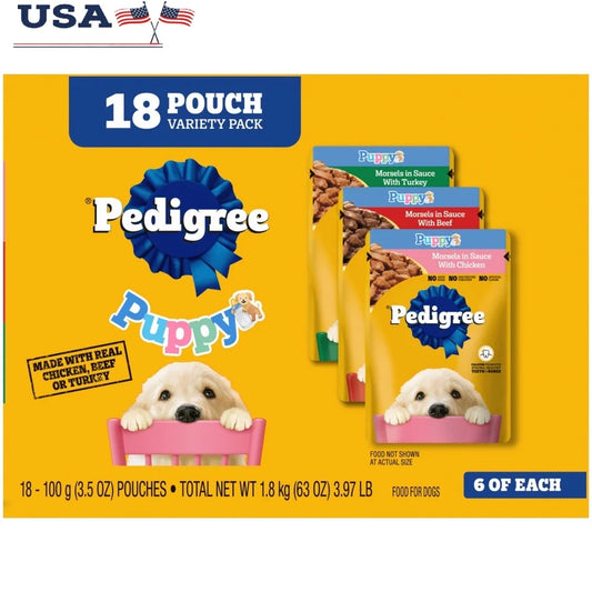Puppy Wet Dog Food Variety Pack 18 Pouches 3.5 Oz Real Chicken Beef Turkey DHA Calcium Complete Balanced Nutrition