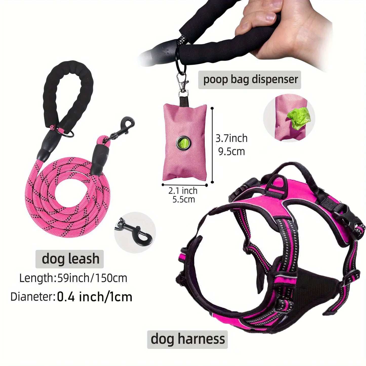 3pcs Escape-Proof Dog Harness Set with Leash and Poop Bag Dispenser for Medium and Large Dogs Walking, Adjustable