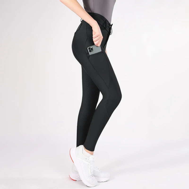 MXLLINA Button Zipper Horse Riding Pants Women Equestrian Leggings Breeches Competition Full Silicone Sports Tights