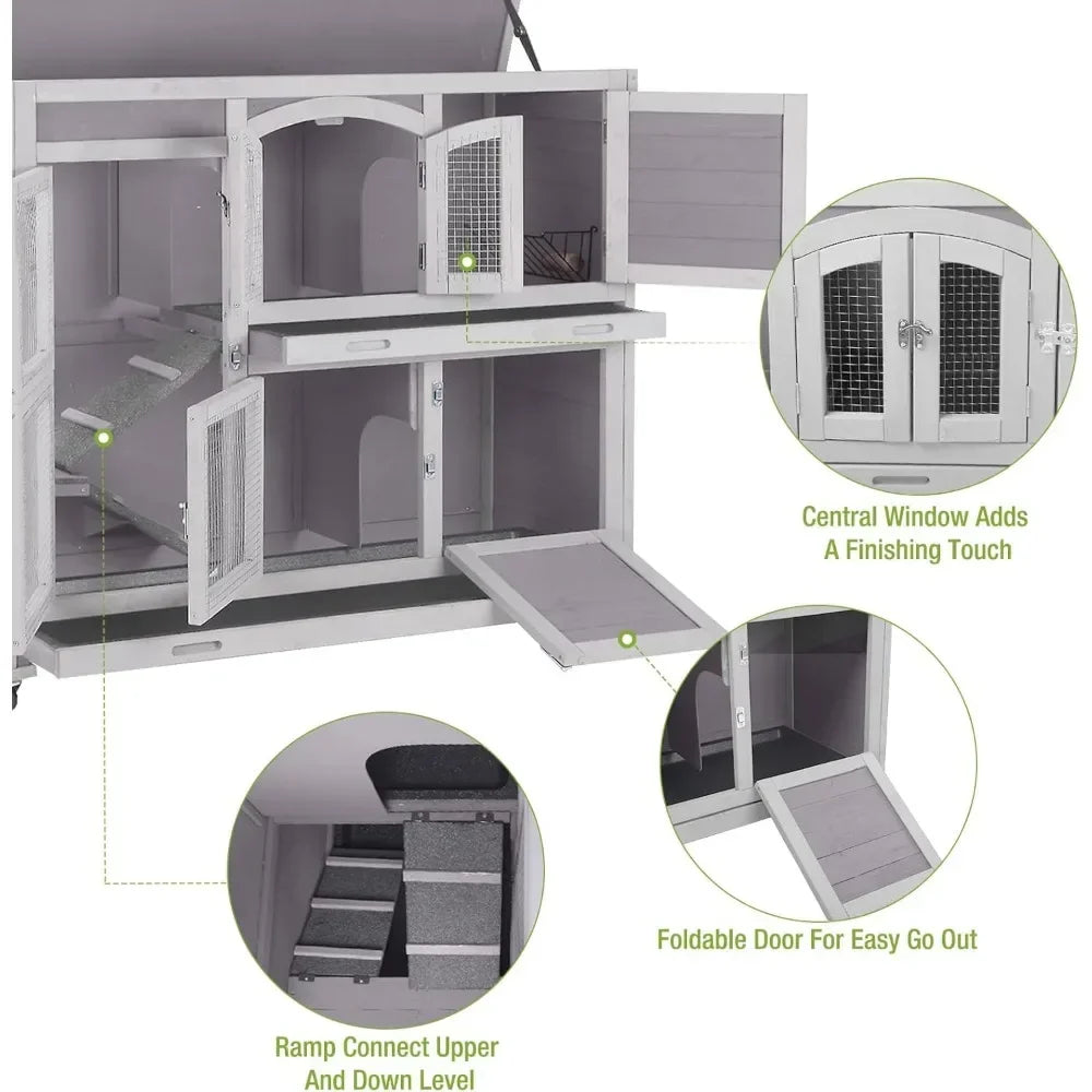 Rabbit Hutch Indoor Outdoor Bunny House Bunny Cage on Wheels with Plastic Tray-47inch