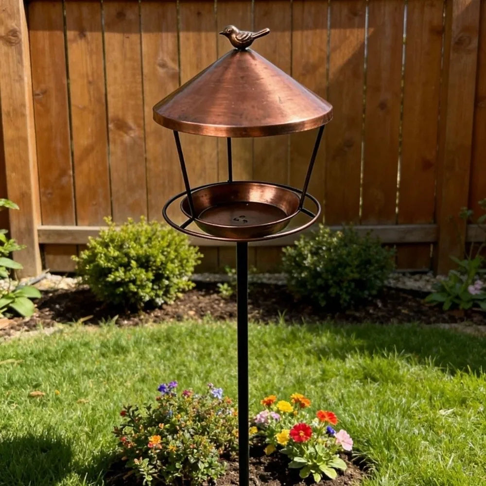 Weatherproof Standing Bird Feeder Spill Guard Large Capacity Wild Bird Feeding Station Anti-Waste Iron Birdbath Stand Courtyard