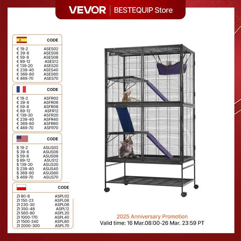 VEVOR 64.6" Rolling Metal Ferret Cage Large 4-Tier Critter Nation Cage Small Animal Cage for Pet Rats Hamster Guinea Chinchilla