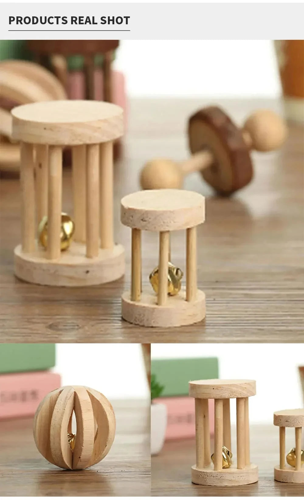 Guinea Pig Rabbit Hamster Small Animal Play Pet Roller Toys Natural Wooden Pine Dumbbells Unicycle Bell Chew Chewing Braided Ball