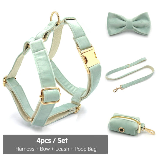 Green Tea Velvet Free Custom Dog Harness Soft Luxury Designer Dog Collar Personalized Bowtie Collar Lead Poop Bag