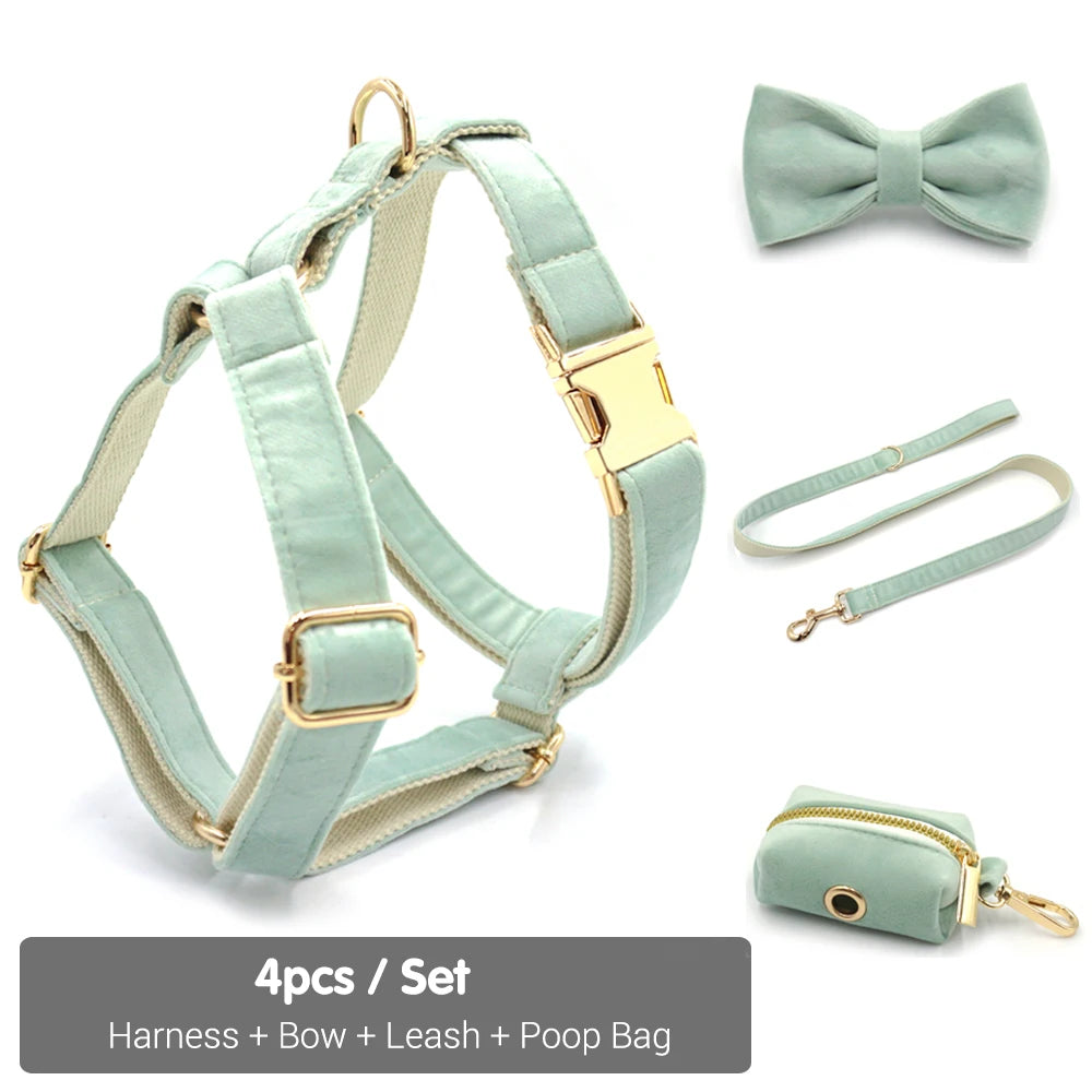 Green Tea Velvet Free Custom Dog Harness Soft Luxury Designer Dog Collar for Small Dogs Personalized Bowtie Collar Lead Poop Bag