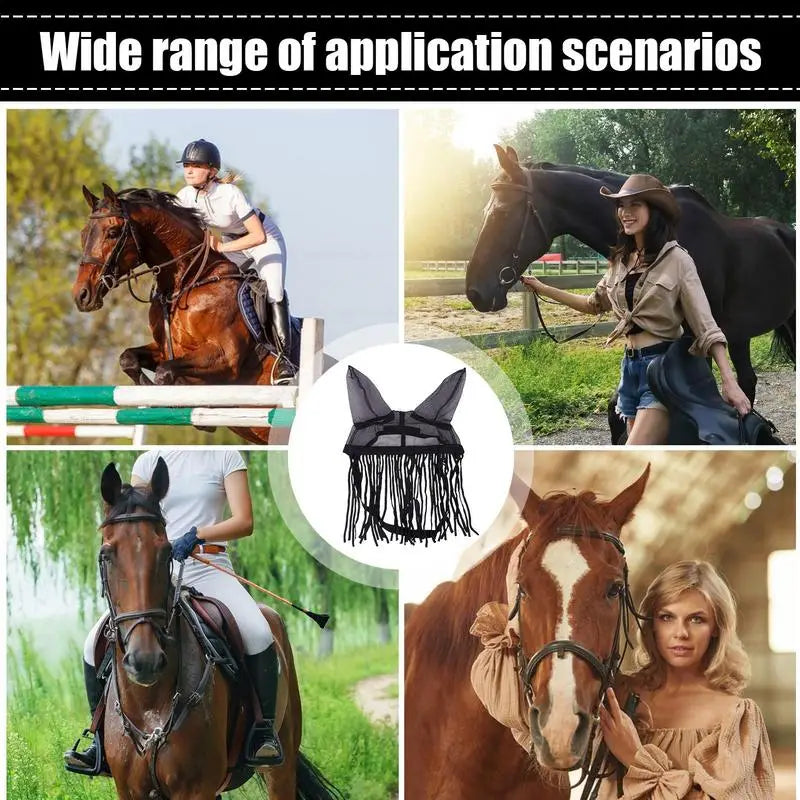 Horse Fly Cover With Ear Mesh Adjustable Horse Supplies With Tassels UV Shield Equestrian Equipment