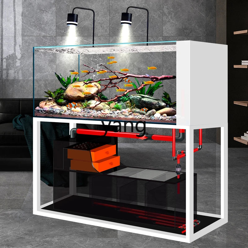 yjq native stream tank ultra-white glass side overflow ecological bottom filter fish tank living room aquarium