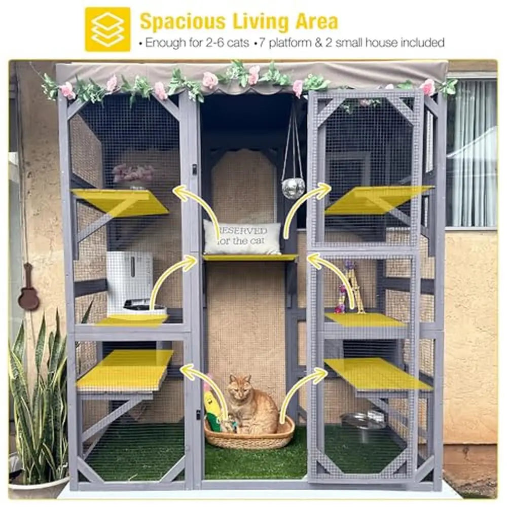 Large Walk-in Cat Enclosure Cage with Platforms and Sleeping Houses Multiple Cats Outdoor Cat House with Waterproof Roof Cover