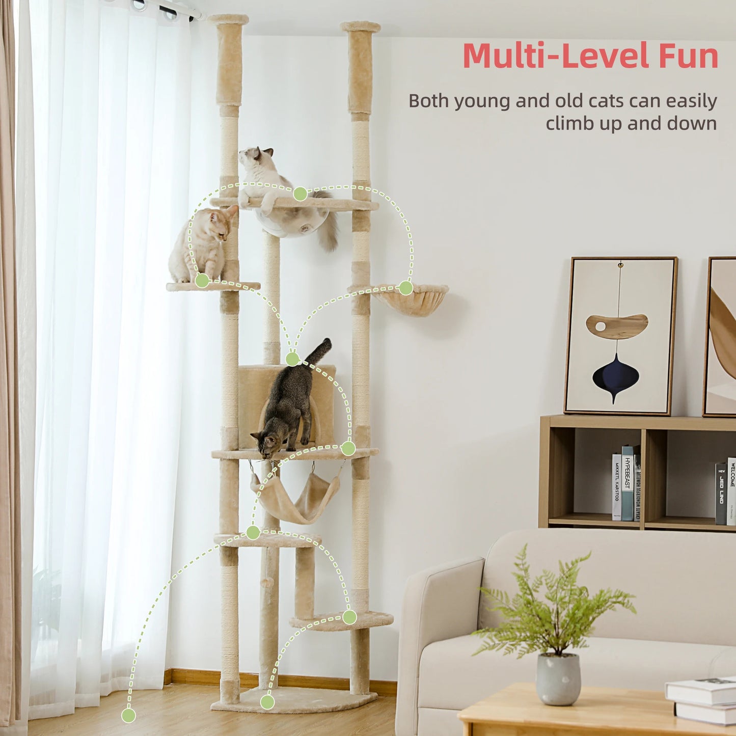 Floor to Ceiling Cat Tree Adjustable Cat Tower Tall Kitty Climbing Play House Tall Kitty Climbing Play House with Scratching Posts Cozy Condo Perches Hammock