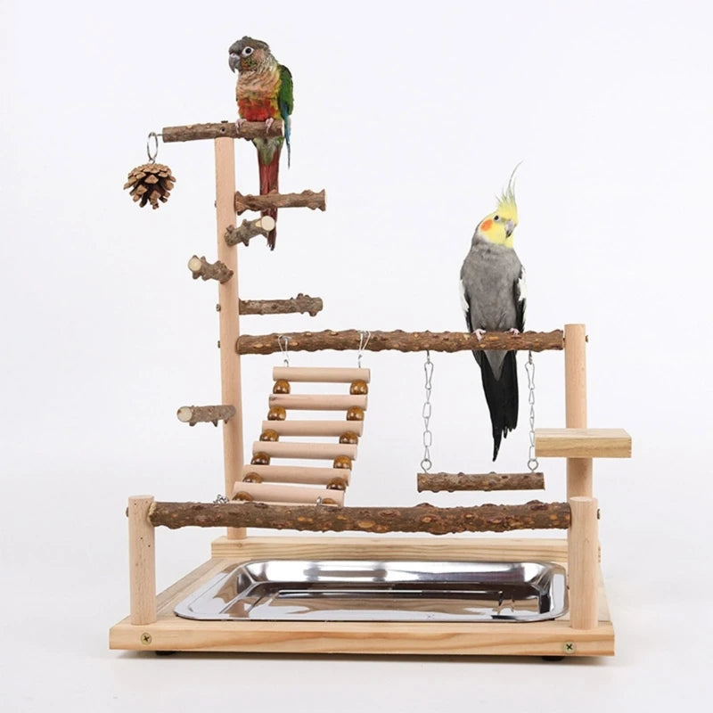 Pet Parrot Play stand Parrots Bird Playground Bird Plays Stand Wooden Perch Playground Ladder with Steel Feeder Plate