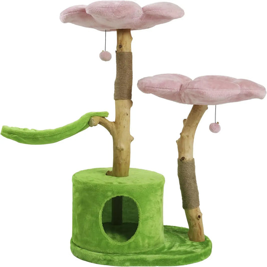 Wood Floral Cat Tree Tower Modern Cat House Furniture Gift Luxury Condo Flower Cherry Blossom