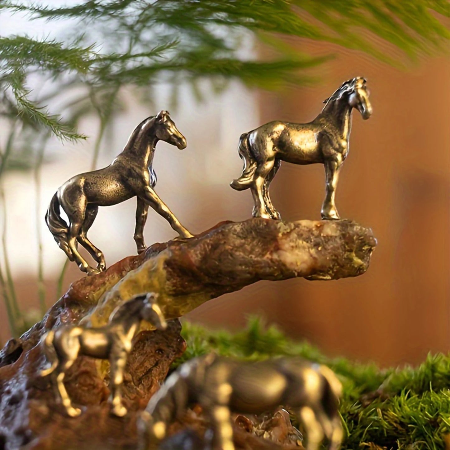 Miniature Antique Brass Long Tail Horse Figurines Feng Shui Ornament Copper Zodiac Animal Mini Desktop Crafts Home Decor