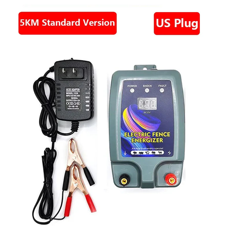 5KM Electric Shepherd for Cattle Animals Farm Electric Shepherd Energizer Livestock LCD Panel Charger High Voltage Pulse Control