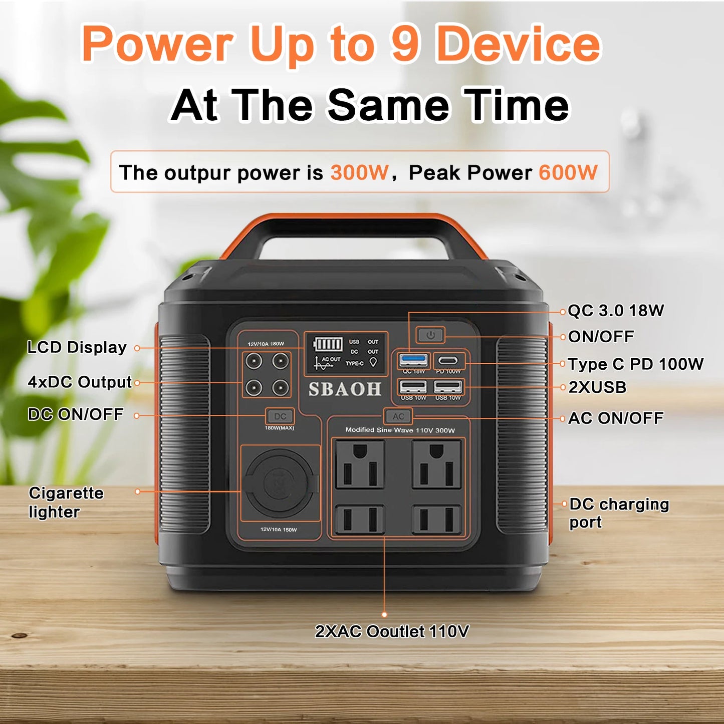 Portable Power Station, 300W 296W Solar Generator Quick Charge / 110V AC Outlets/DC Ports and LED Flashlight, Lithium Battery