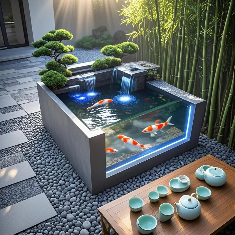 Yard fish pond rock slab floor-to-ceiling koi fish tank outdoor integrated square balcony to create landscape water feature