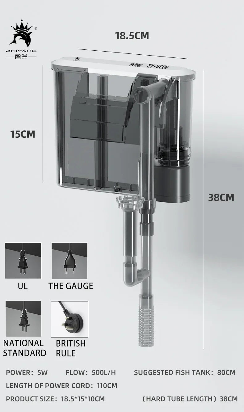 Aquarium 110V 220V Wall-mounted Filter Fish Tank Filter External Grass Tank Filter Water Flow Adjustable Suitable for 30-80CM