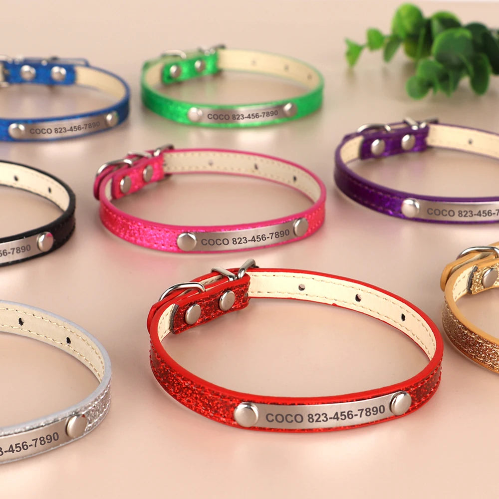 Custom Cat Collar Bling Leather Cat Collars Personalized Kitten Cat Small Dogs Puppy Collar With Engraved ID Nameplate