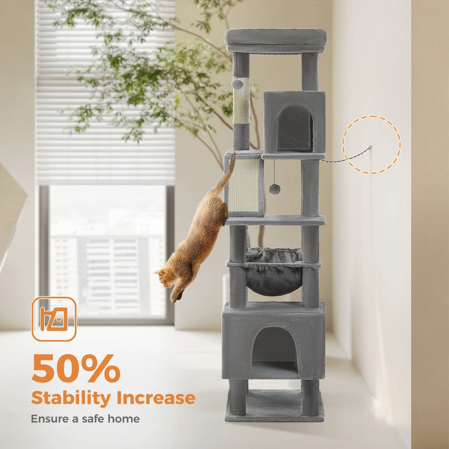 Cat Tree for Large Cats, Tall Cat Tower for indoor Cats Multi-level Cat House Furniture with 2 Big Condo Pad Bed Scratching Post