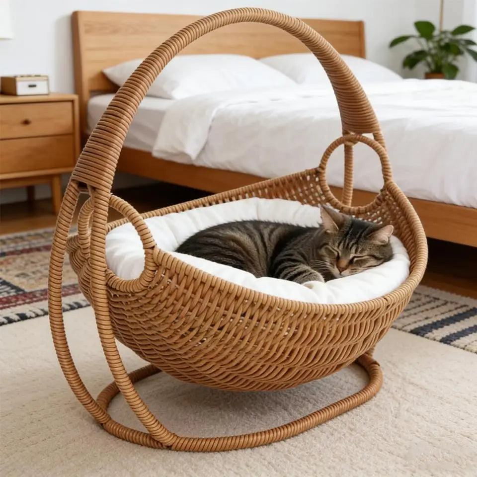 Faux-Woven Cat Bed Nest Cat Basket Cats Swing Hammock Waterproof Indoor Pet House Semi-Enclosed Cave Bed Pet Accessories