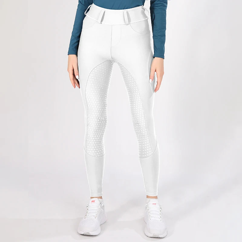 MXLLINA White Horse Riding Pants Women Equestrian Breeches Full Seat Silicone Competition Leggings Anti-pilling Sports Tights