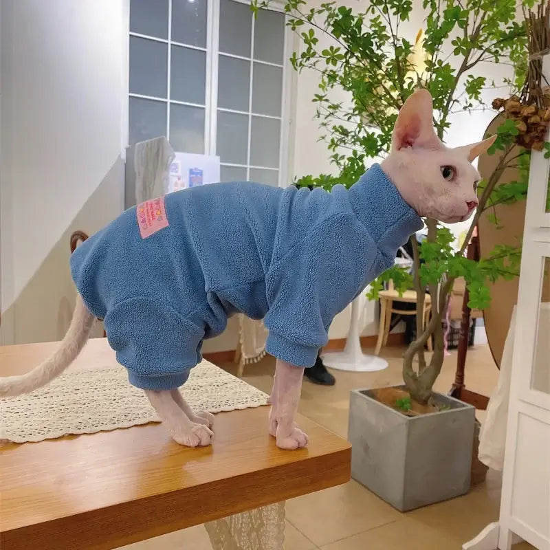 Fleece Coat for Sphynx Cat Warm Sweatshirt 4-legged Jumpsuit