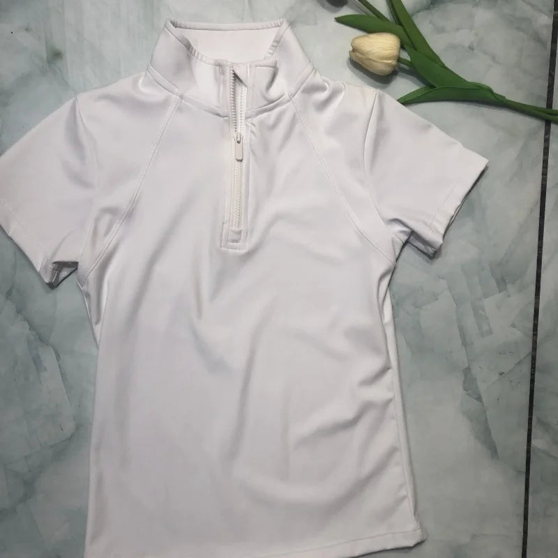 MXLLINA Girls Equestrian Short Sleeves Tops Woman's Summer Zipper Horse Riding T-Shirts Sports Base Layer Competition Show Top