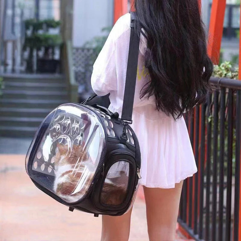 Portable Breathable Pet Carrier Backpack, Outdoor Handbag Transparent Foldable Breathable Pet Travel Shoulder Strap Bag