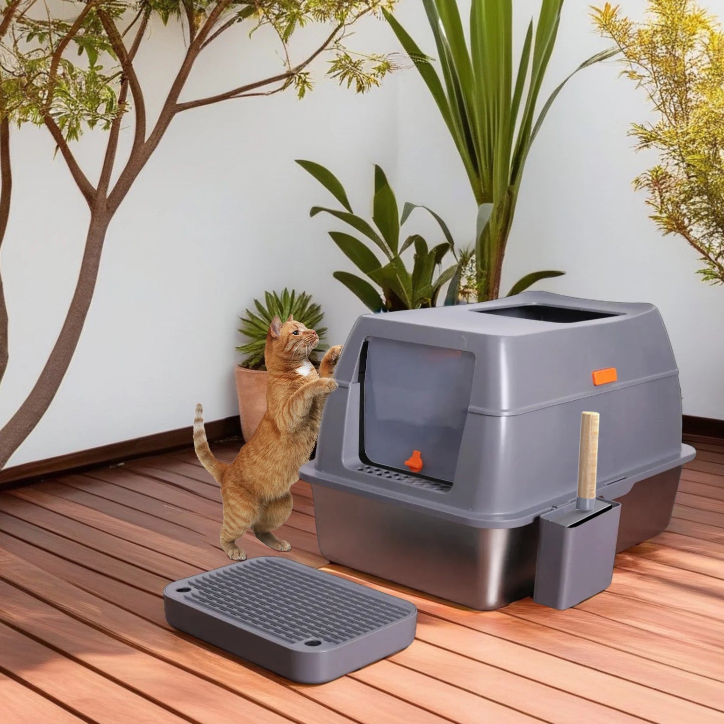 4-Style Cat Litter Box with Lid Large Kitty Litter Box Enclosed with High Sided Enclosure Scoop Non-Sticky