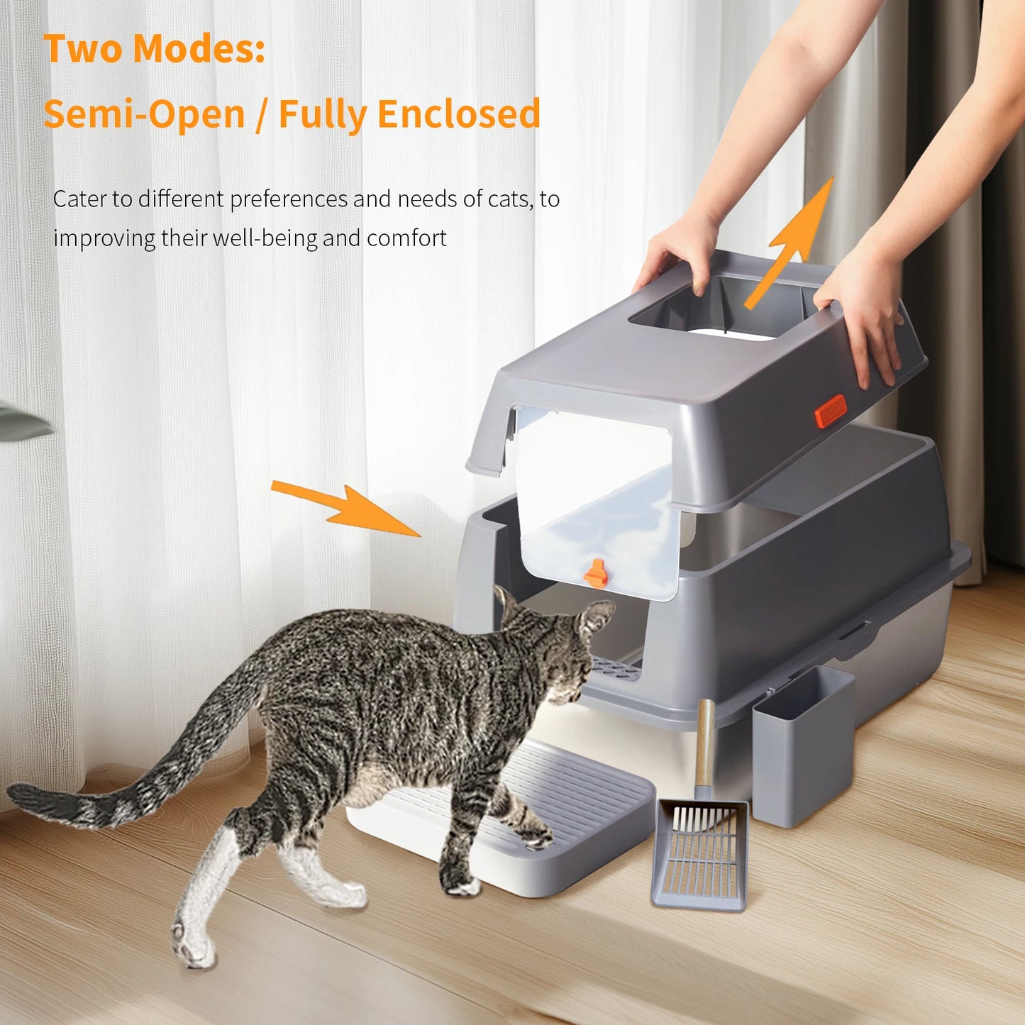 4-Style Cat Litter Box with Lid Large Kitty Litter Box Enclosed with High Sided Enclosure Scoop Non-Sticky