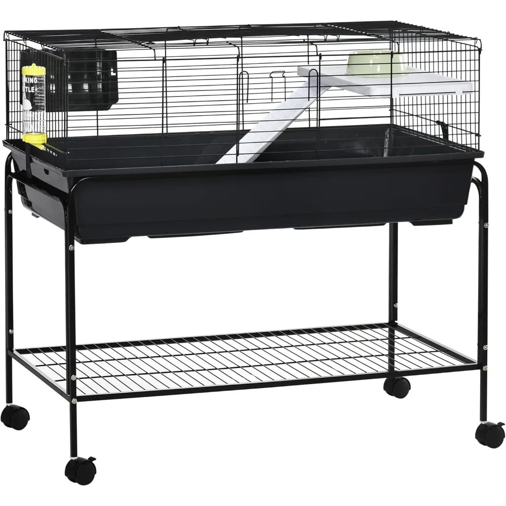 Two-Story Small Animal Cage Removable from Stand, Guinea Pig Cage, Hedgehog Cage, Chinchilla Cage, Ferret, with Shelf & Wheels