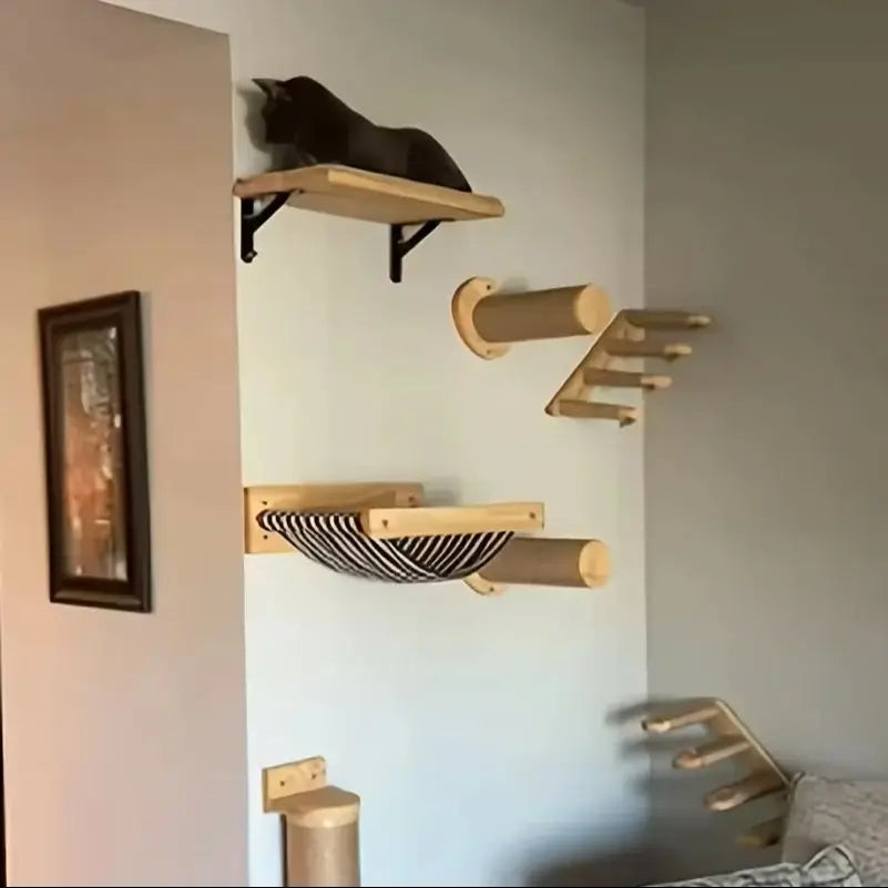 Wooden Cat Climbing Shelves Wall Mounted Cat Tree Sisal Scratching Post Pedal Hammock Indoor Kitten Playground Cats Accessories