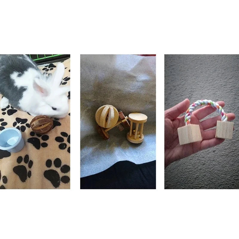 Guinea Pig Rabbit Hamster Small Animal Play Pet Roller Toys Natural Wooden Pine Dumbbells Unicycle Bell Chew Chewing Braided Ball