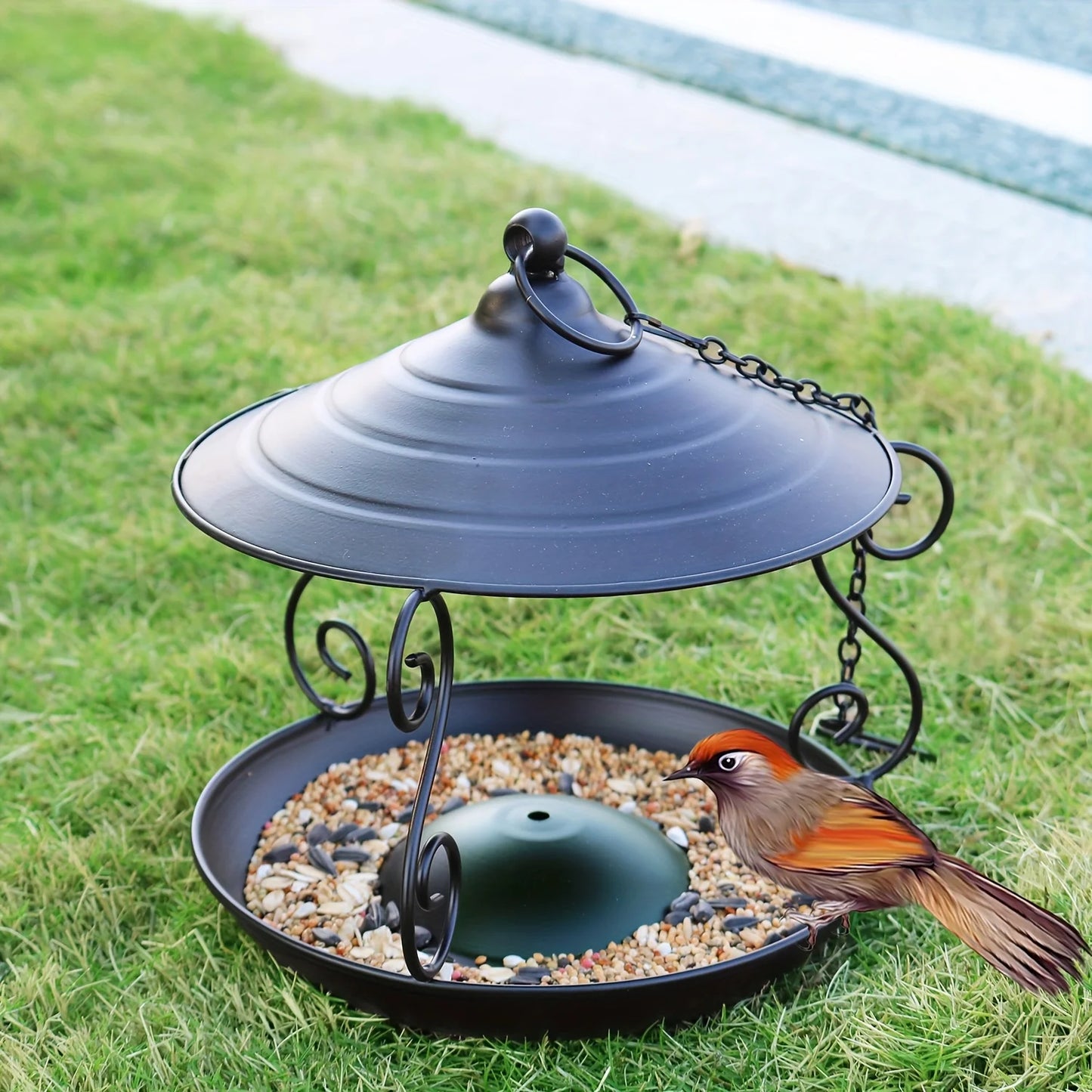Elegant Black Hanging Bird Feeder - Durable Metal Garden Decor, Attracts Various Birds, Ideal for Outdoor Use