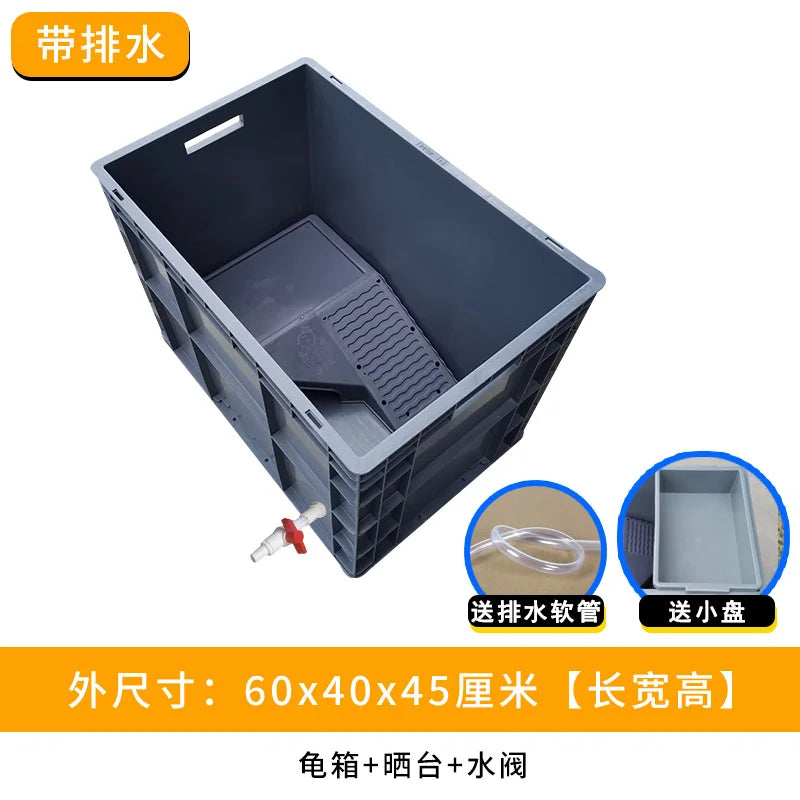 ‌Heavy-Duty Turtle Tank with Basking Platform - Large Plastic Aquarium for Reptiles, Waterproof Fish Pond with Drainage System