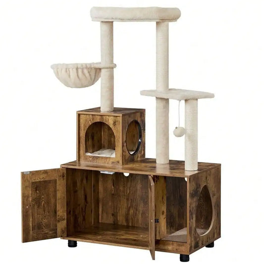 Cat Tree Tower Litter Box Enclosure All-in-one Cat Furniture 2 tone