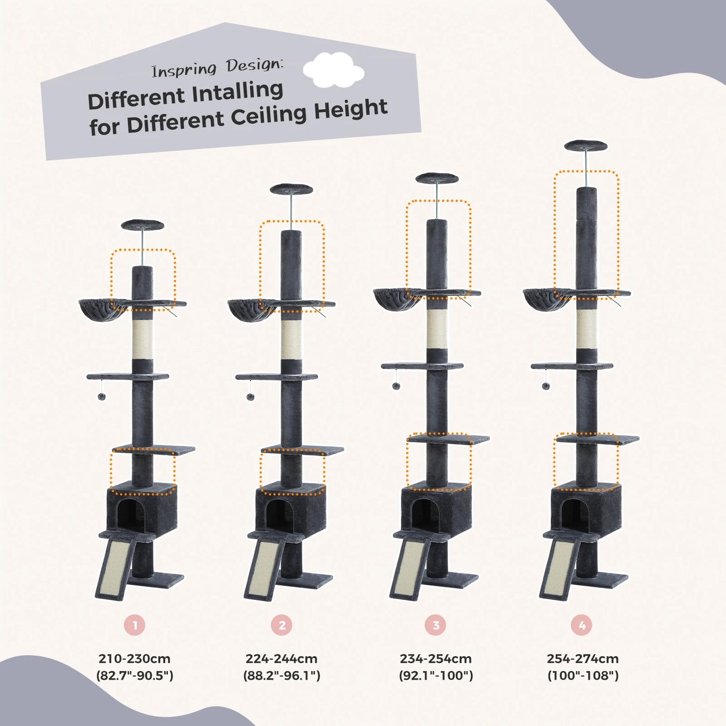 Adjustable Height 210-274CM Cat Tree Floor to Ceiling Tall Cat Climbing Tower with Cozy Condo Hammock Scratching Post Platforms