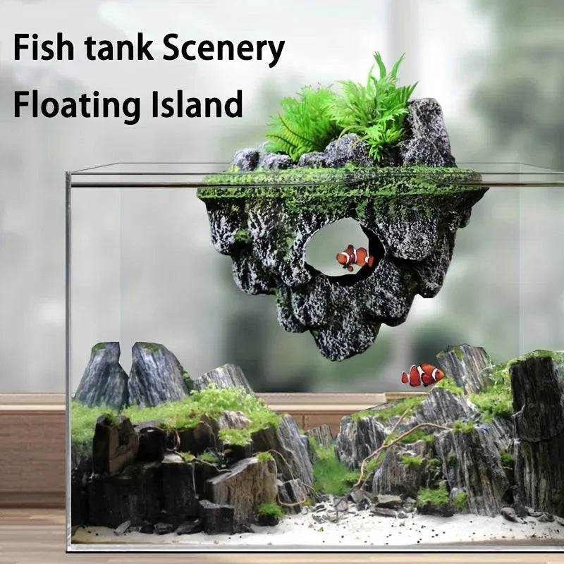 Multi - Use Aquarium Floating Island Decor Rock with Shelter for Fish, Ecological Scenery Rockery for Fish Tank Landscaping