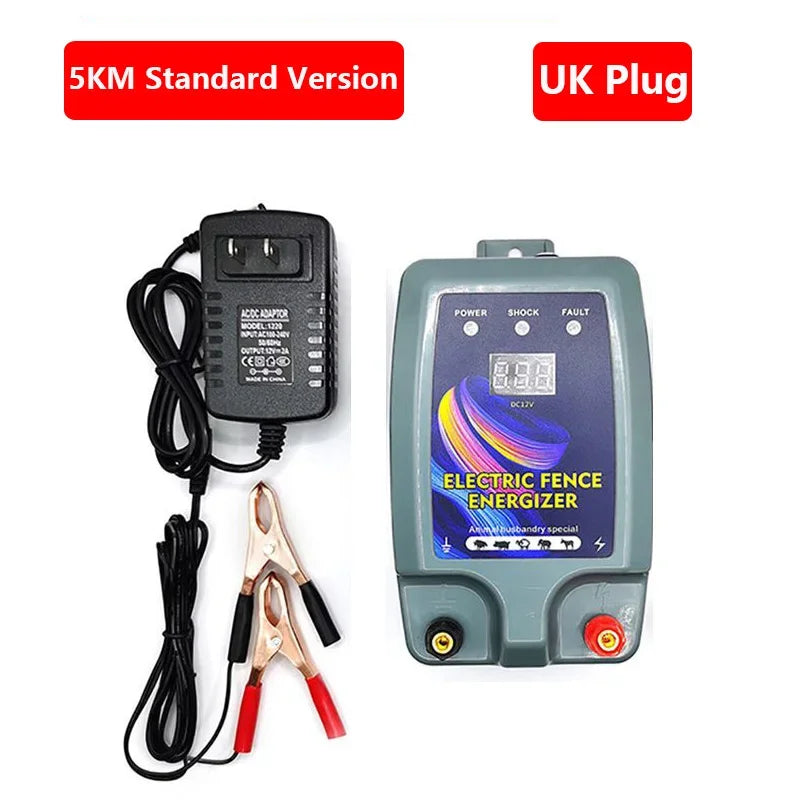 5KM Electric Shepherd for Cattle Animals Farm Electric Shepherd Energizer Livestock LCD Panel Charger High Voltage Pulse Control