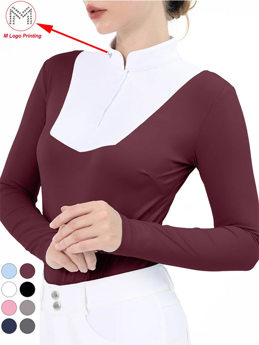 M LOGO Horse Riding Base Layer T-Shirts Women Equestrian Long Sleeve Top Ladies Breathable Competition Show Zipper Sports Blouse