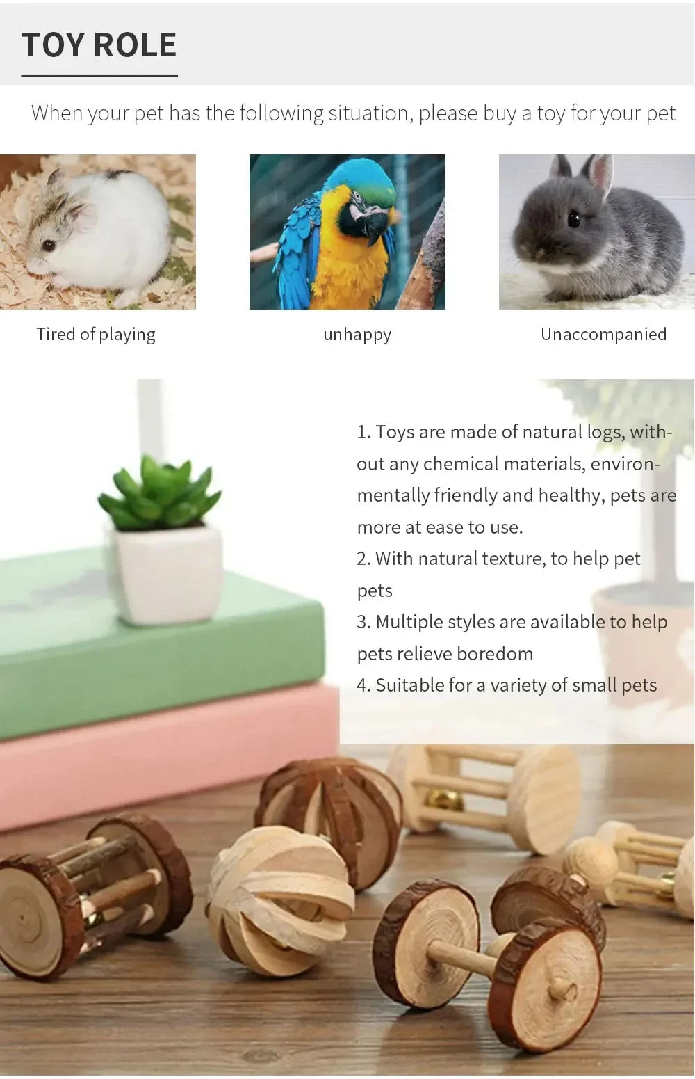 Guinea Pig Rabbit Hamster Small Animal Play Pet Roller Toys Natural Wooden Pine Dumbbells Unicycle Bell Chew Chewing Braided Ball