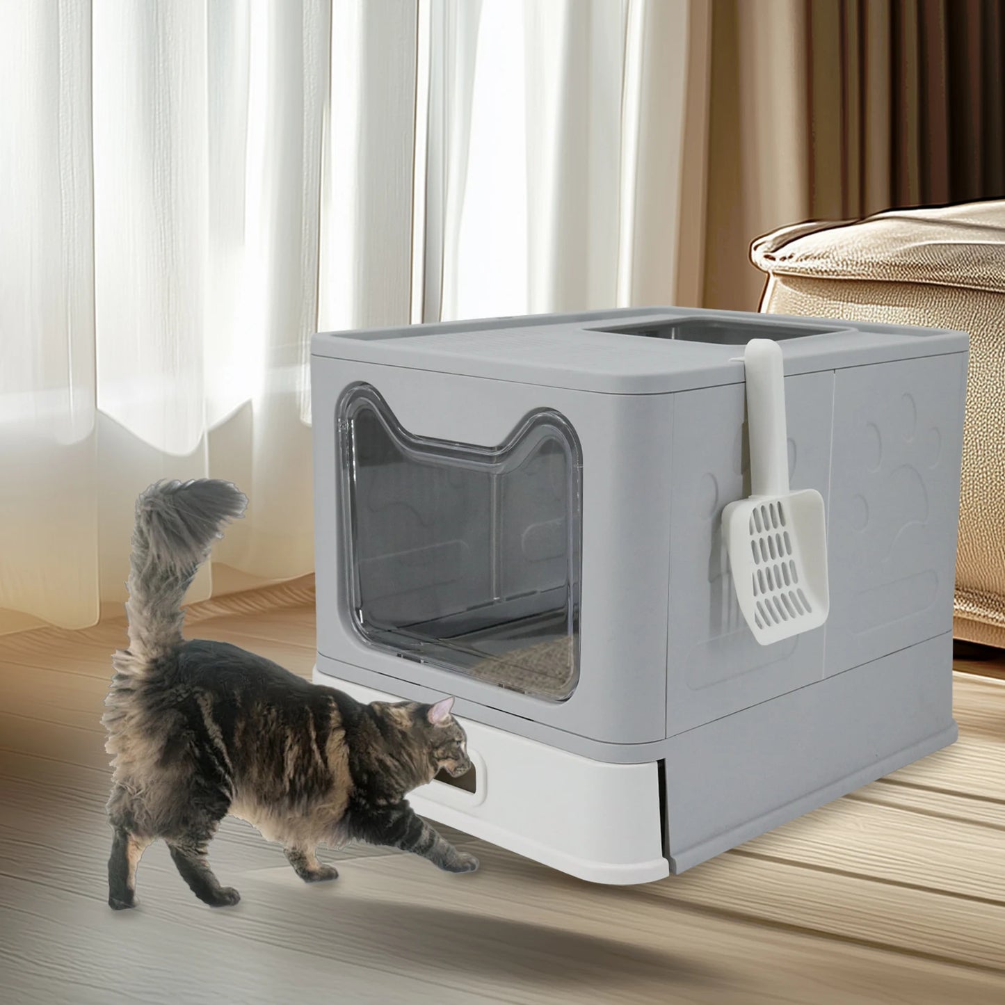 Bingopaw Stainless Steel Cat Litter Box with Lid Front Entry and Top Exit Toilet Box with Litter Scoop for Kittens, Easy Cleaning
