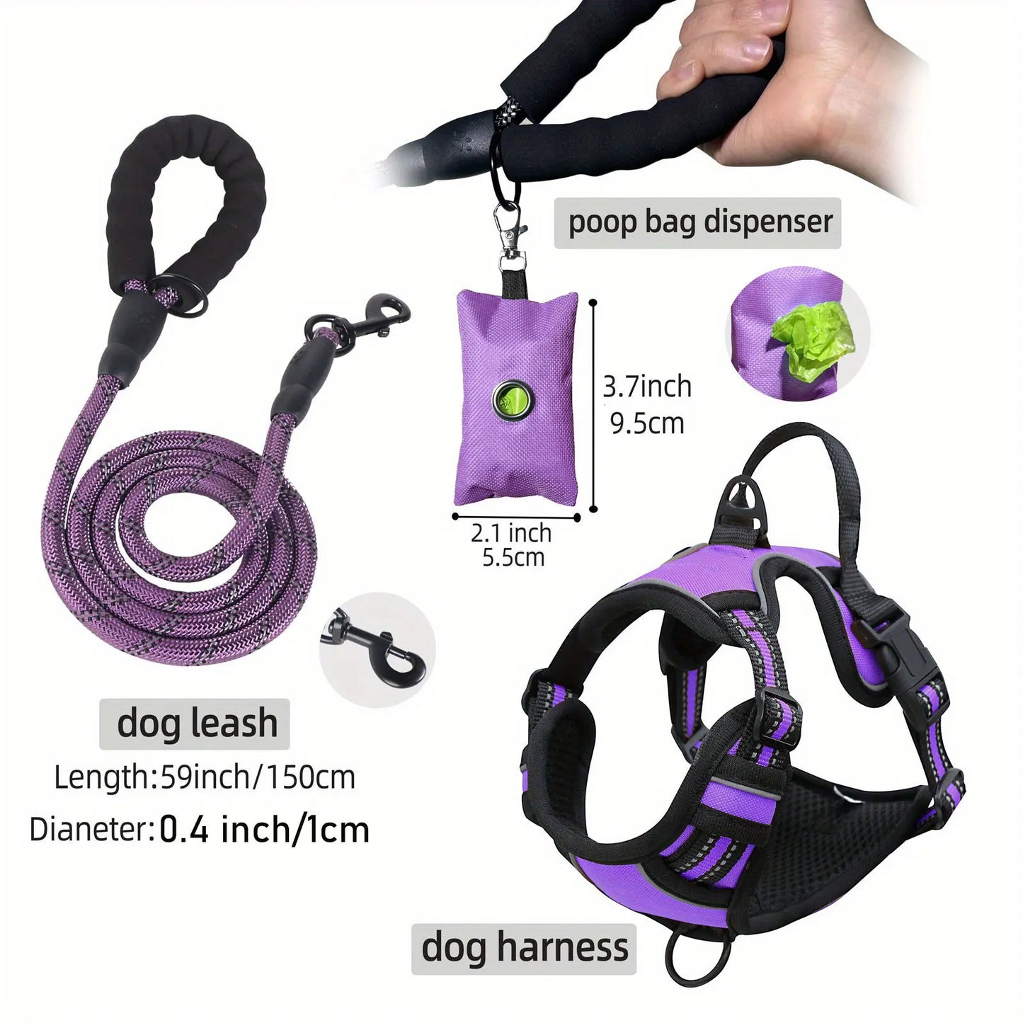 3pcs Escape-Proof Dog Harness Set with Leash and Poop Bag Dispenser for Medium and Large Dogs Walking, Adjustable