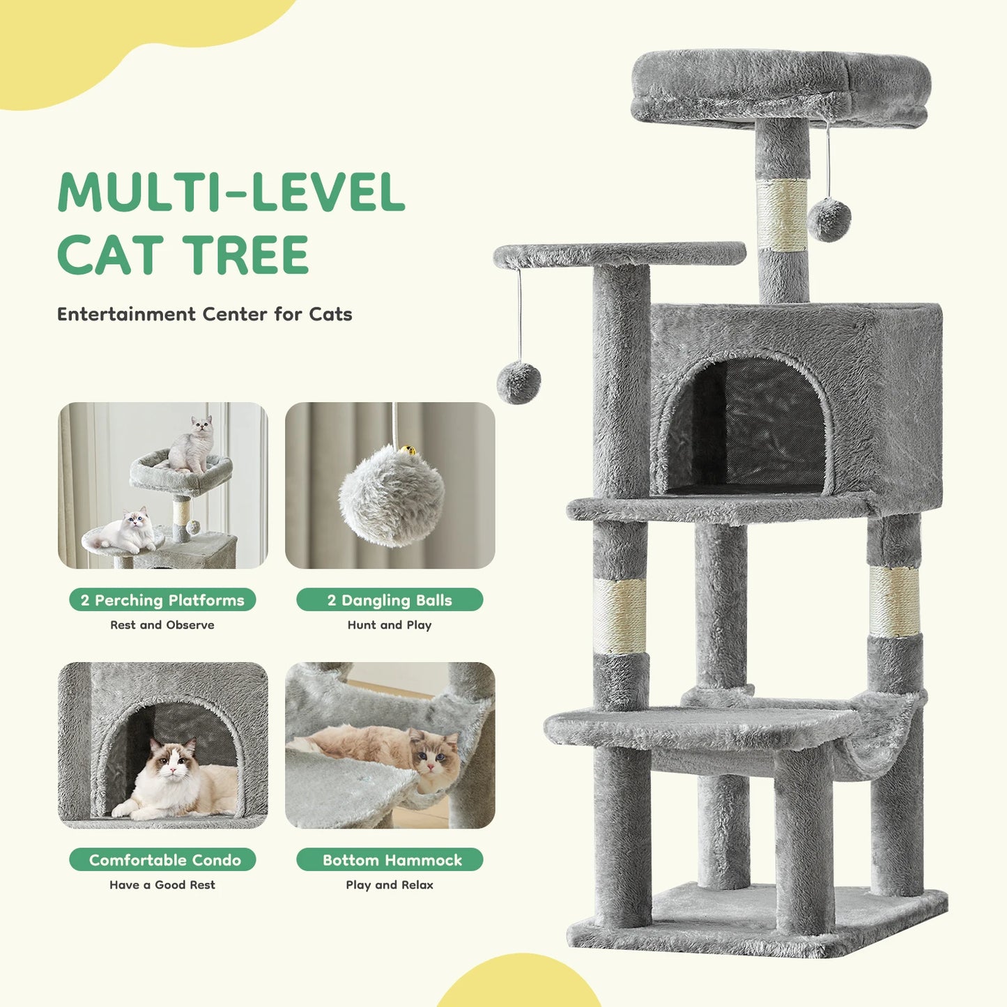 JHK 44In Cat Tree Tall Multi-Cat Climbing Tower for Pet Furniture Natural Sisal Scratching Posts Stable Pet House  for Indoor Cat