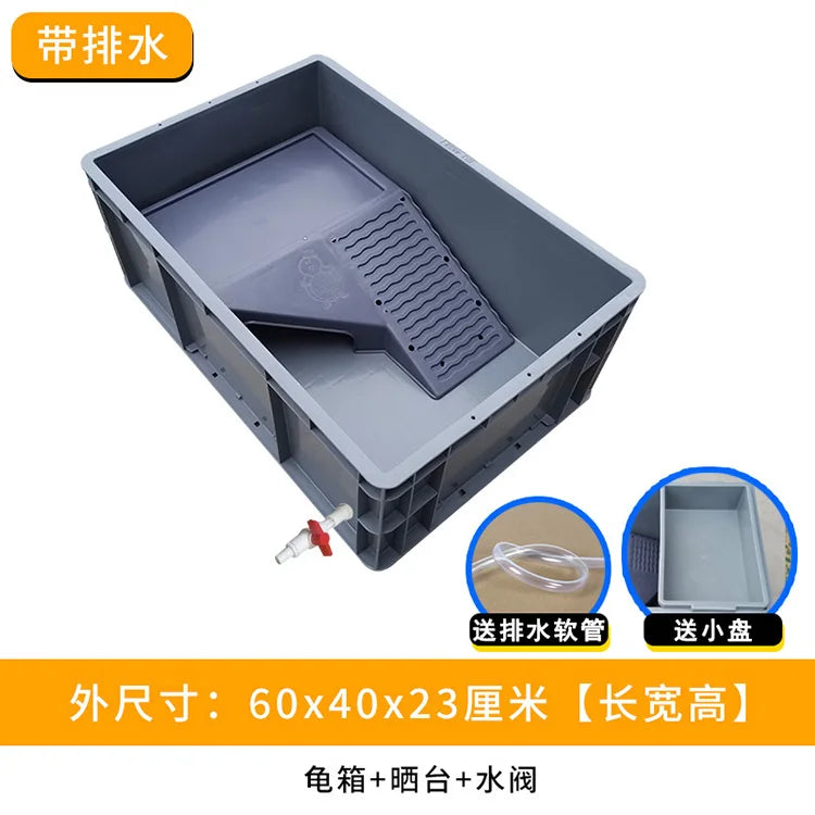 ‌Heavy-Duty Turtle Tank with Basking Platform - Large Plastic Aquarium for Reptiles, Waterproof Fish Pond with Drainage System