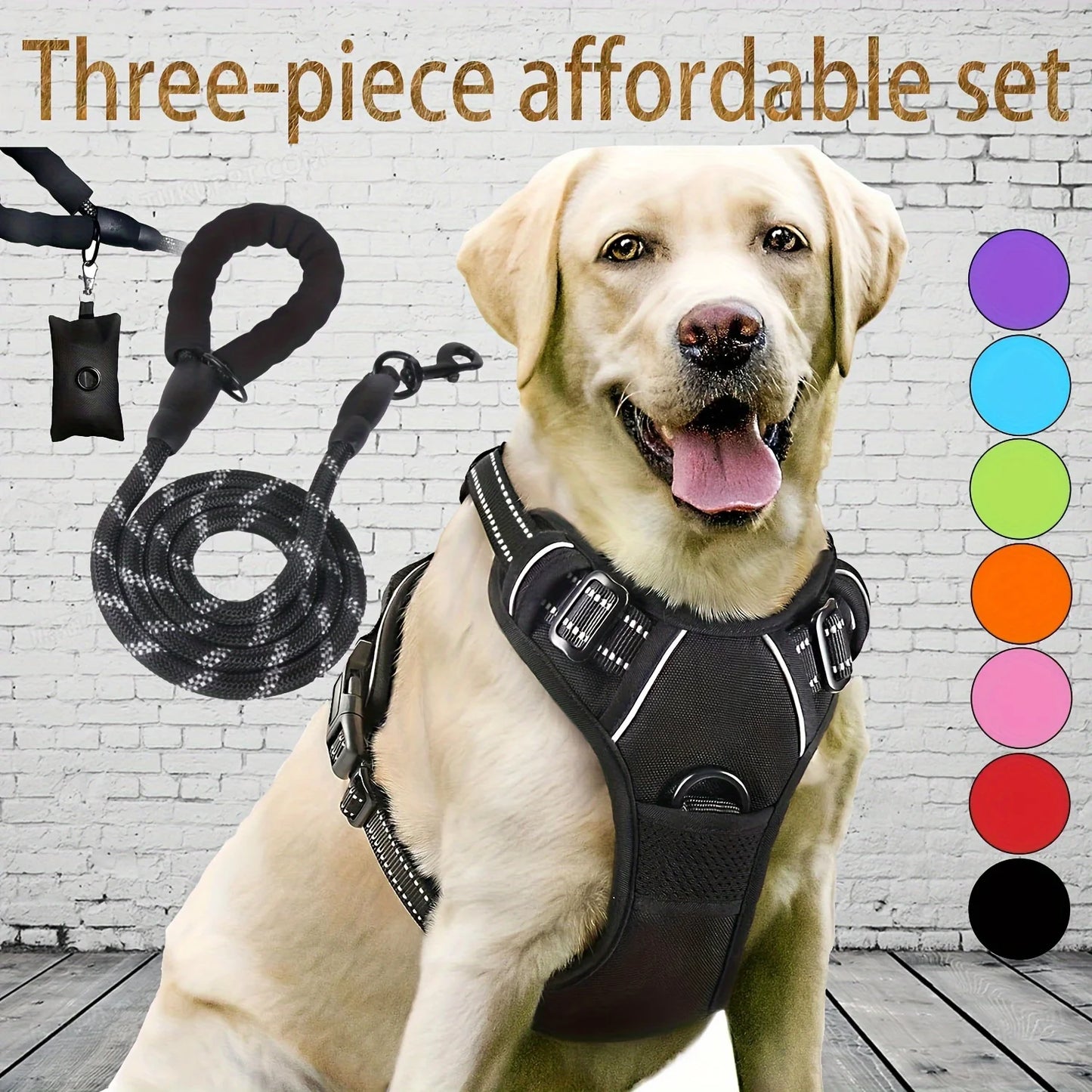 3pcs Escape-Proof Dog Harness Set with Leash and Poop Bag Dispenser for Medium and Large Dogs Walking, Adjustable