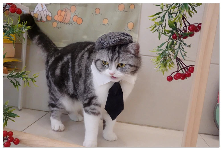 Funny Pet Cat Hat and tie Gentleman's Hat Beret Tie Bathing Blood Gangster Handsome Cosplay Photo Prop Pet Halloween Costume
