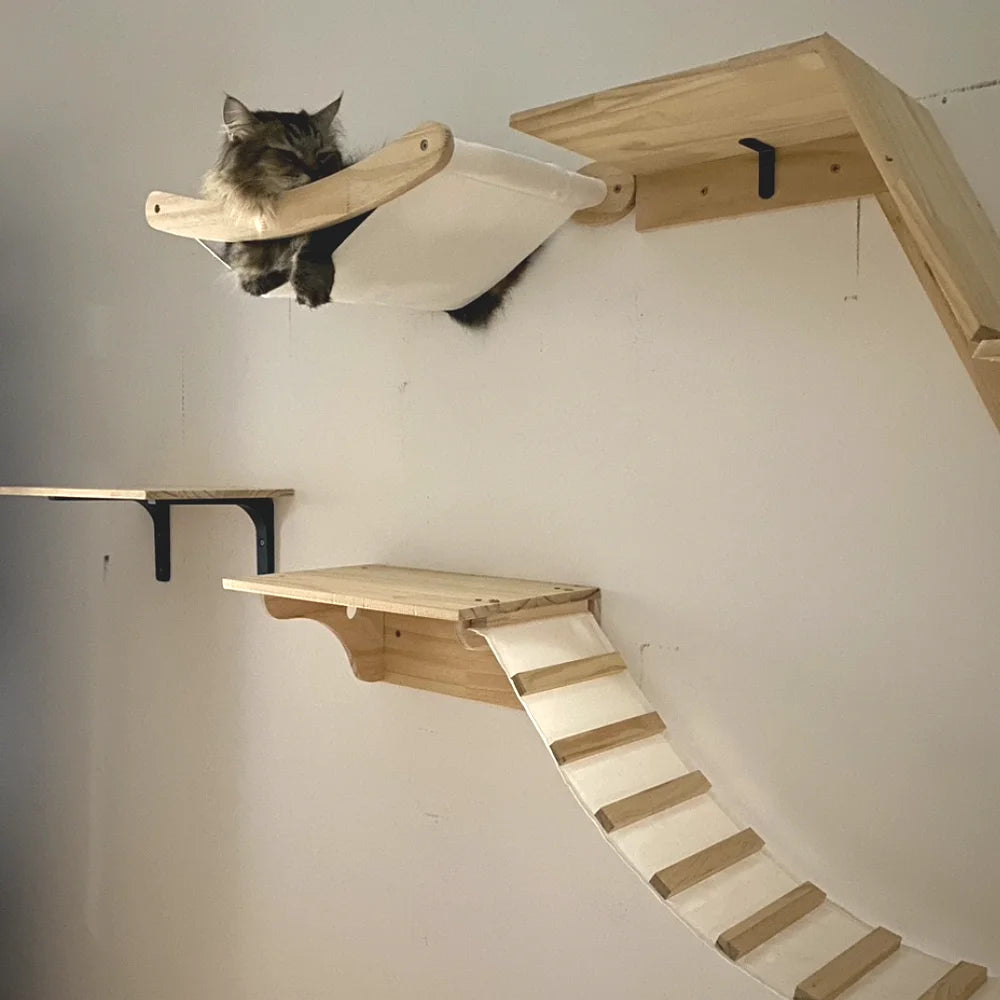 Wall-Mounted Cat Hammock Cradle Cat Climbing Frame Floating Shelf Solid Wood Cats Scratch Posts for Sleeping and Playing Toy